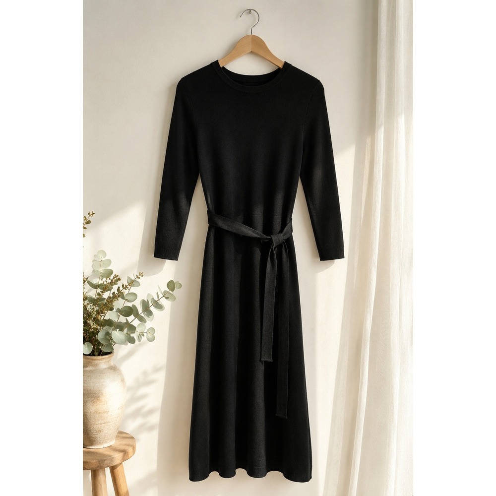 Eliza J Womens Black Knit Midi‎ Dress 3/4 Sleeve Belted Fit & Flare Size Large
